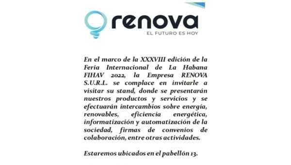 RENOVA S.U.R.L. invita a visitar su stand en la Feria Internacional de La Habana FIHAV 2022