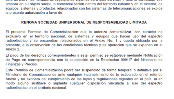 RENOVA S.U.R.L. receives commercial permit for wireless communication equipment.