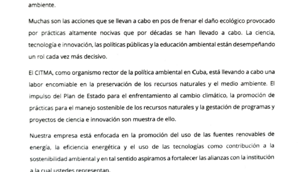 RENOVA S.U.R.L. sends a letter of congratulations to the Territorial Delegation of CITMA in Camagüey on the occasion of World Environment Day.